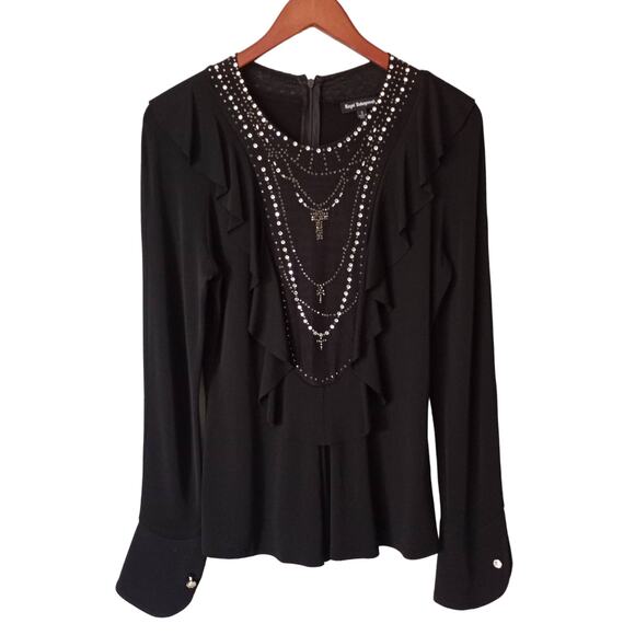 Royal Underground Rhinestone Cross Sheer Front Long Sleeve Top - Picture 1 of 8
